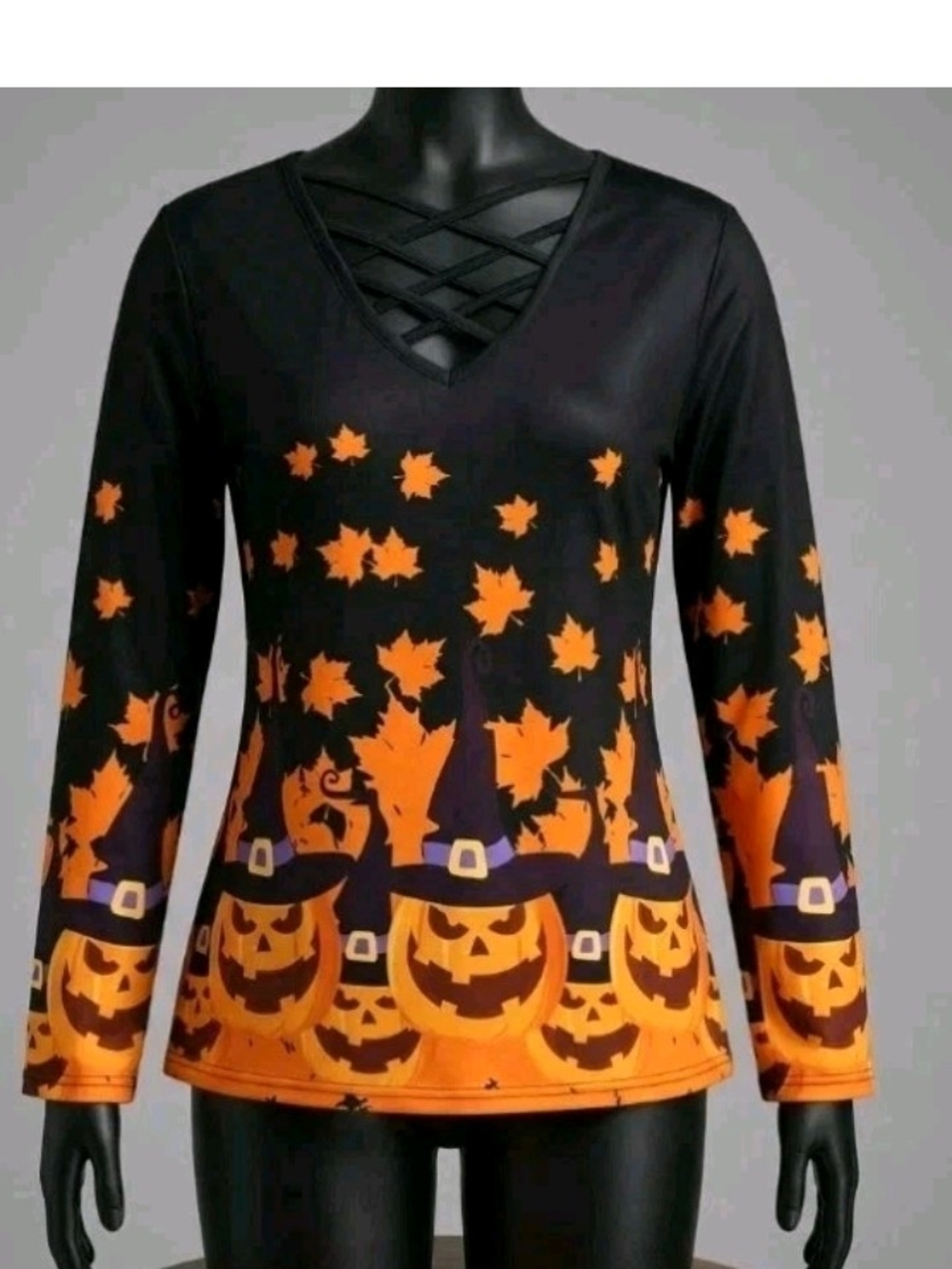 Black & Orange Halloween Pumpkin Long Sleeve V-Neck Top NWOT